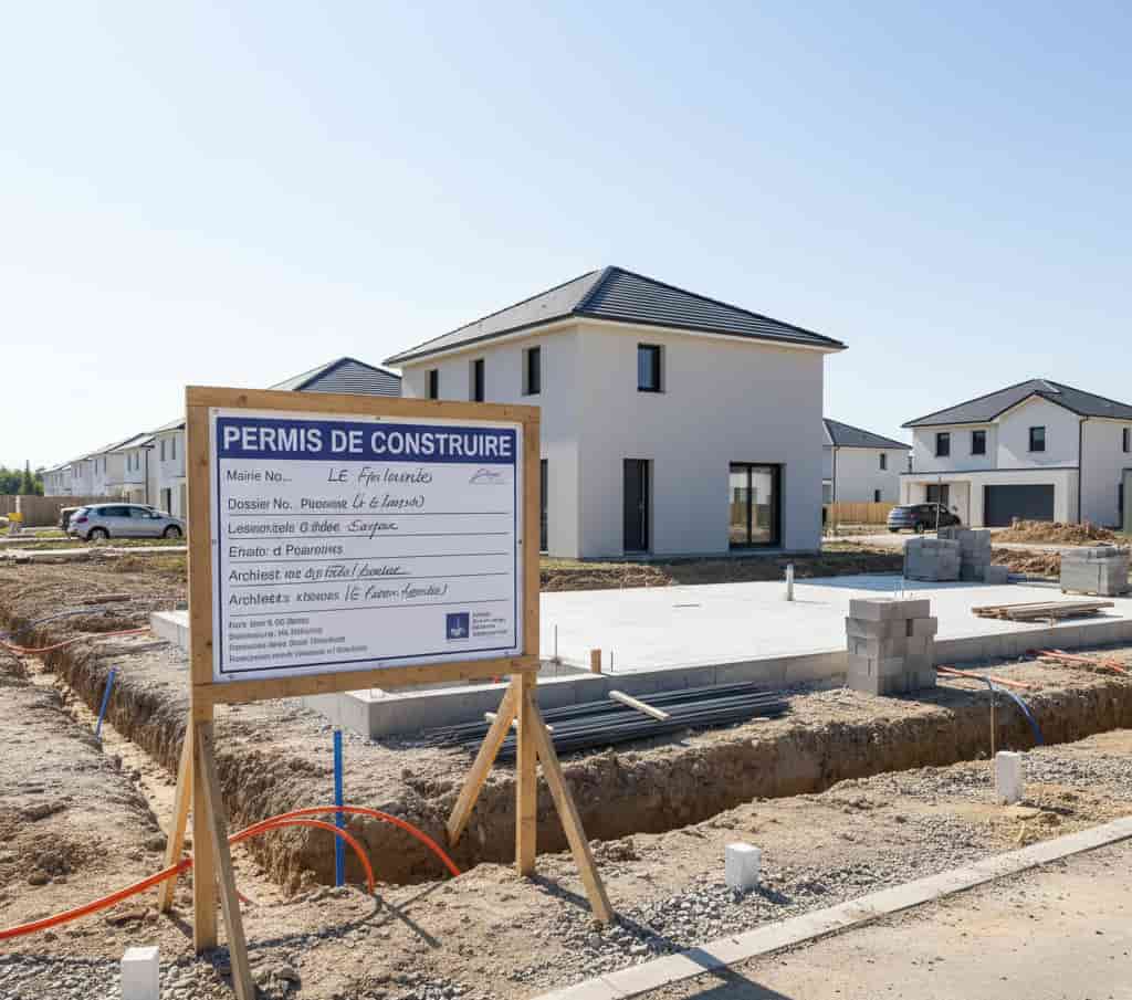 Construction d’une maison individuelle dans un lotissement résidentiel avec panneau de permis de construire et terrain borné conforme aux règles du lotissement
