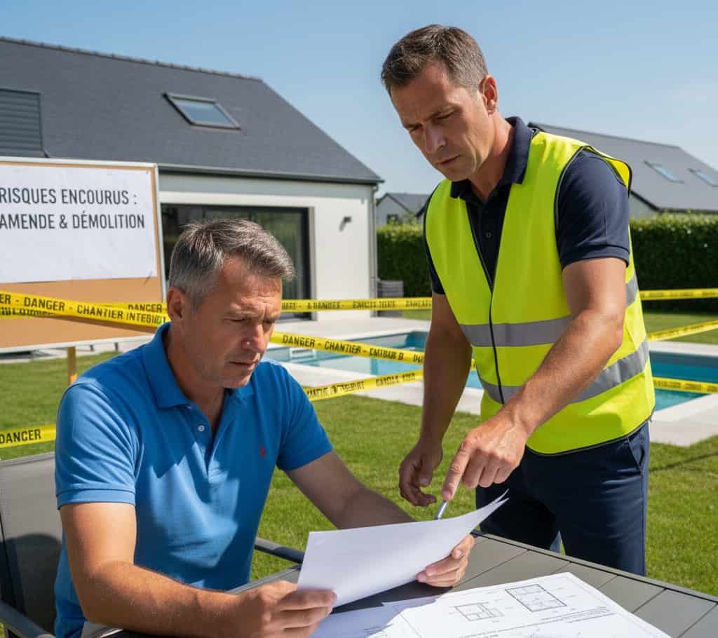 Propriétaire examinant documents d’autorisation d’urbanisme pendant qu’un agent municipal évoque les risques de démolition pour piscine illégale