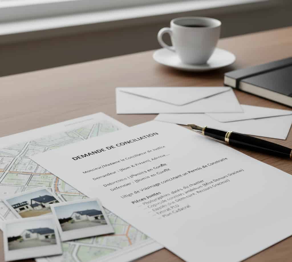 Lettre de saisine du conciliateur de justice avec pièces justificatives sur un bureau