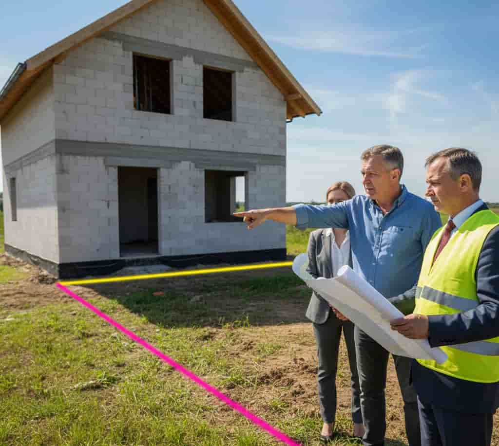 Maison empiétant sur le terrain voisin avec propriétaire et expert discutant des limites cadastrales