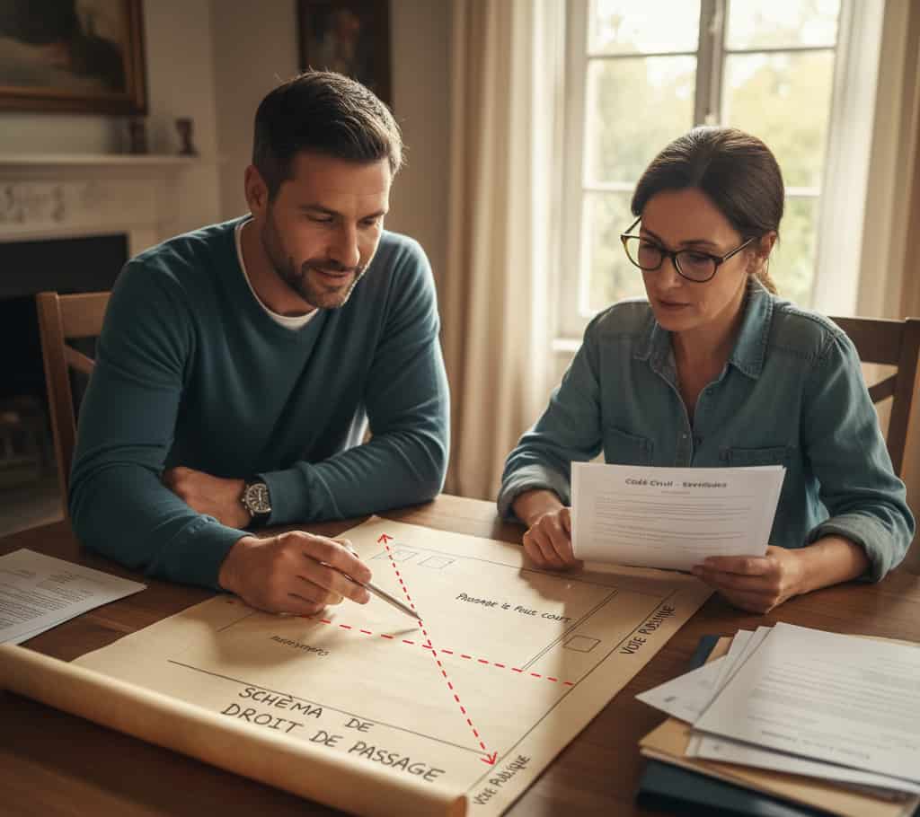Voisins discutant du droit de passage obligatoire pour un terrain enclavé avec plans et schéma affichés