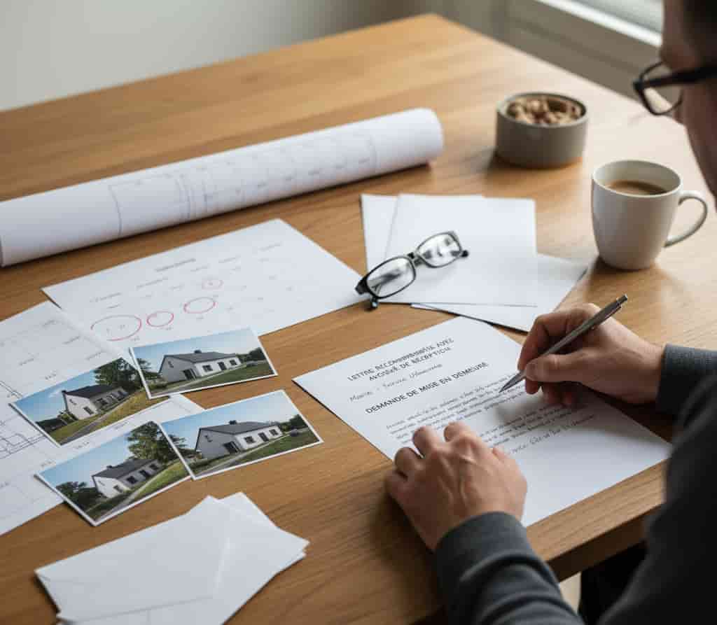 Voisin rédigeant une lettre recommandée à la mairie pour signaler des travaux prolongés