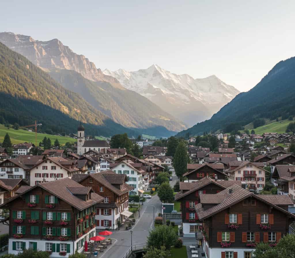 Village suisse avec maisons bien construites et paysage alpin, reflet de la haute qualité de l’architecture suisse