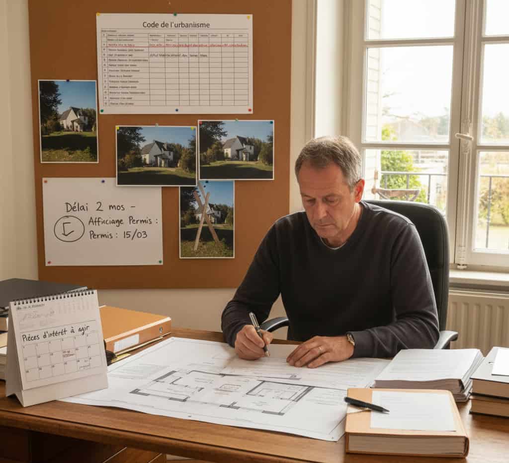 Voisin préparant un recours contentieux contre un permis de construire avec plans, preuves d’intérêt à agir et calendrier de délais