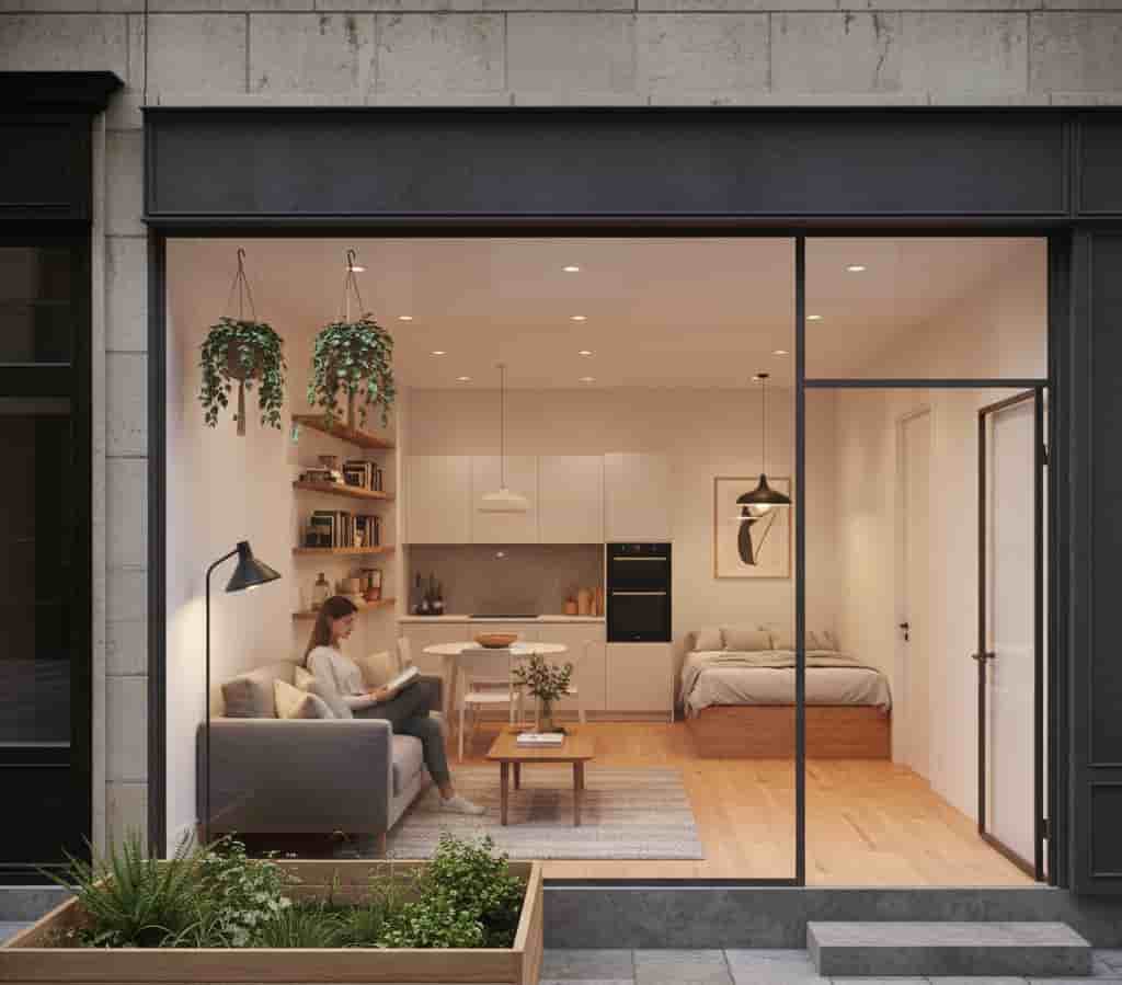 Transformation d’un local commercial en logement habitable illustrant le changement de destination et les démarches d’urbanisme nécessaires