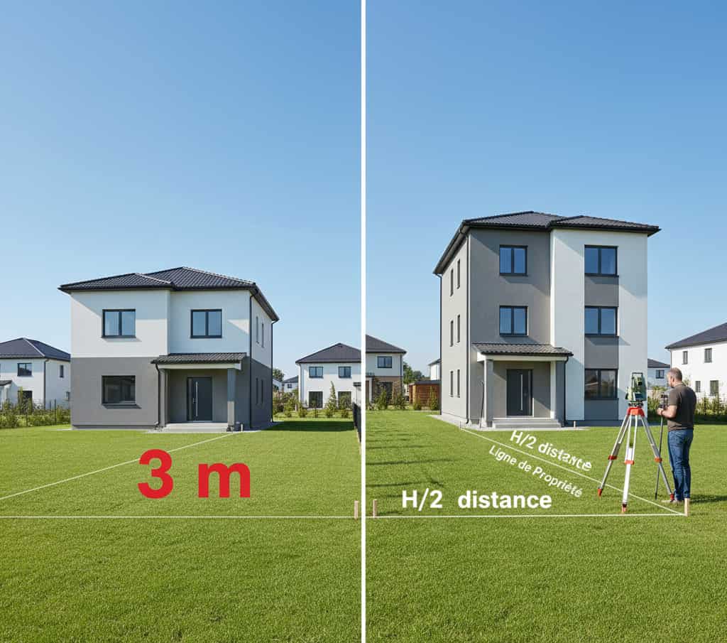 Comparaison d’implantations : maison à 3 m de la limite et bâtiment respectant la règle H/2 selon PLU