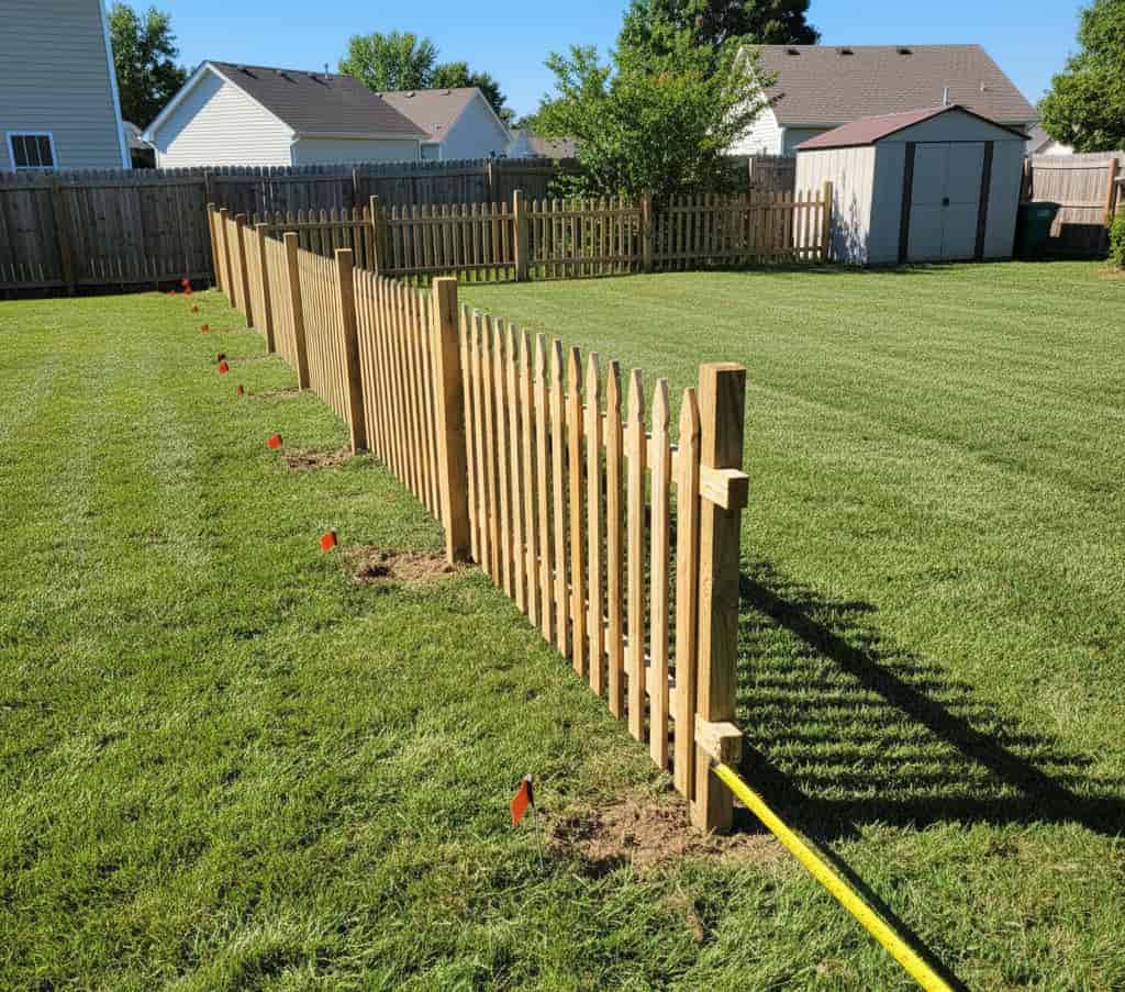 Clôture du voisin empiétant sur mon terrain avec marquages de bornes et mesure d’empiètement