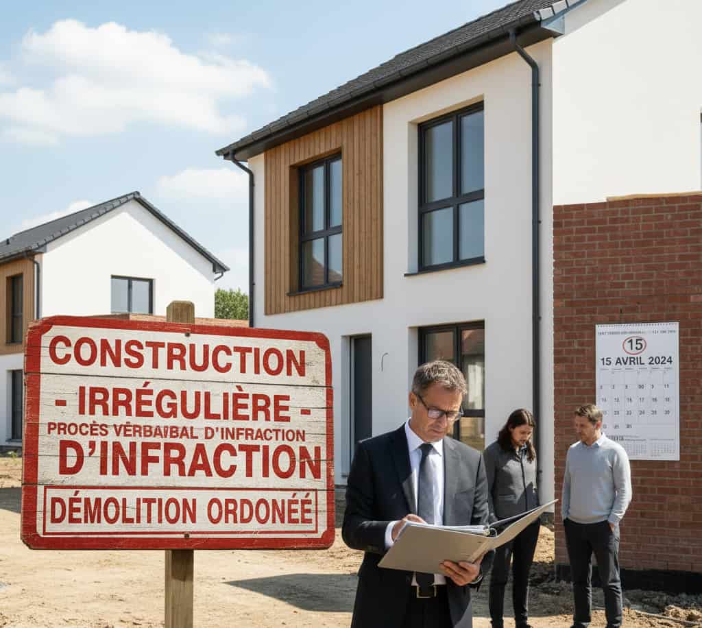 Chantier de construction irrégulière avec calendrier montrant 6 ans depuis l’achèvement et documents d’infraction d’urbanisme