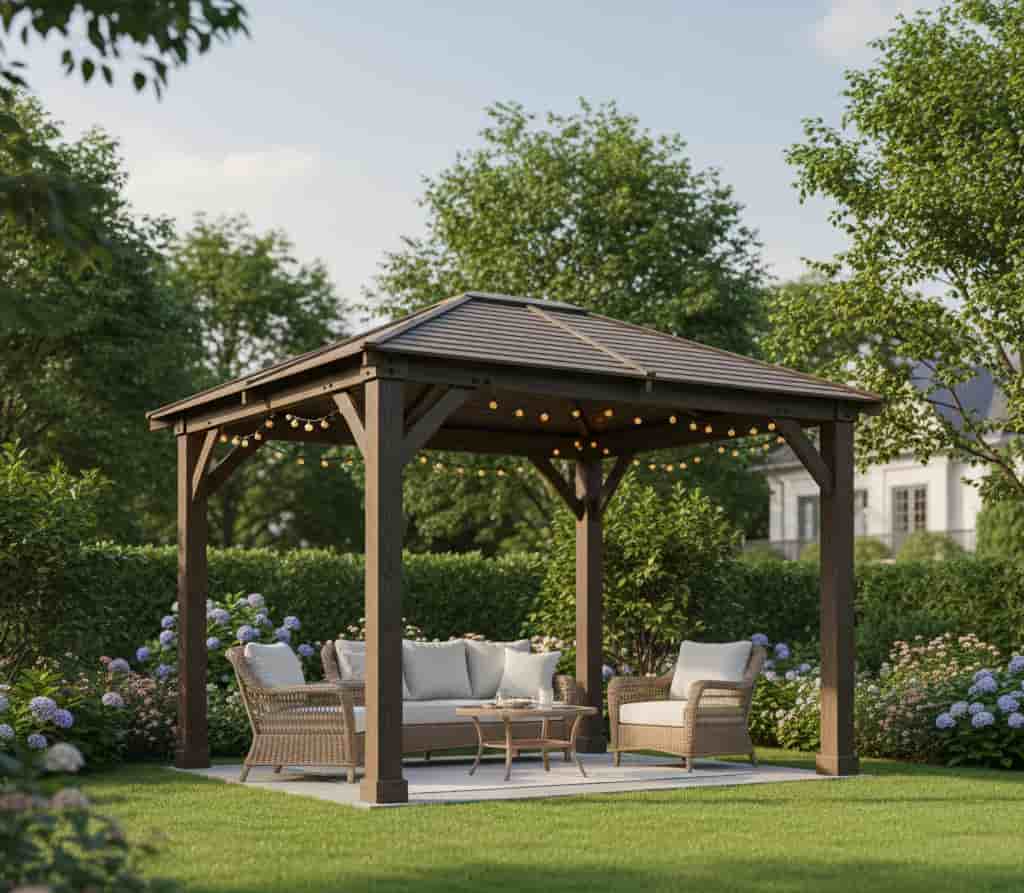 Kiosque de jardin installé sur une pelouse illustrant une structure annexe soumise à déclaration préalable selon sa surface et son implantation