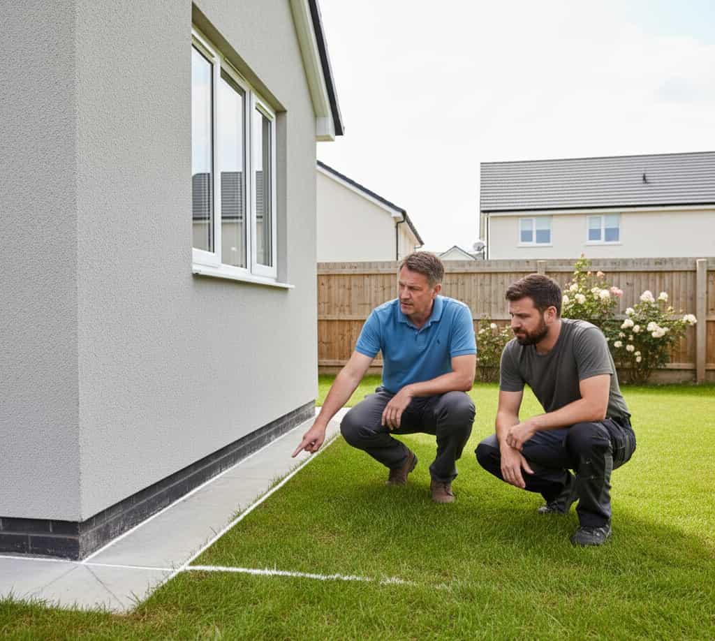 Extension de maison empiétant de quelques centimètres sur le terrain du voisin avec ligne de limite visible