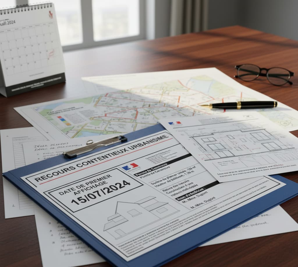 Dossier de recours en contentieux urbanisme avec permis, PLU, plans et pièces justificatives sur un bureau
