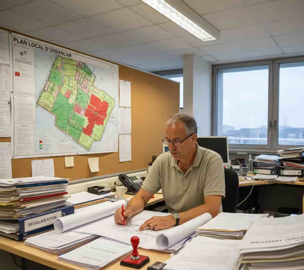 Agent d’urbanisme analysant des dossiers pour amnistie de constructions illégales en Grèce