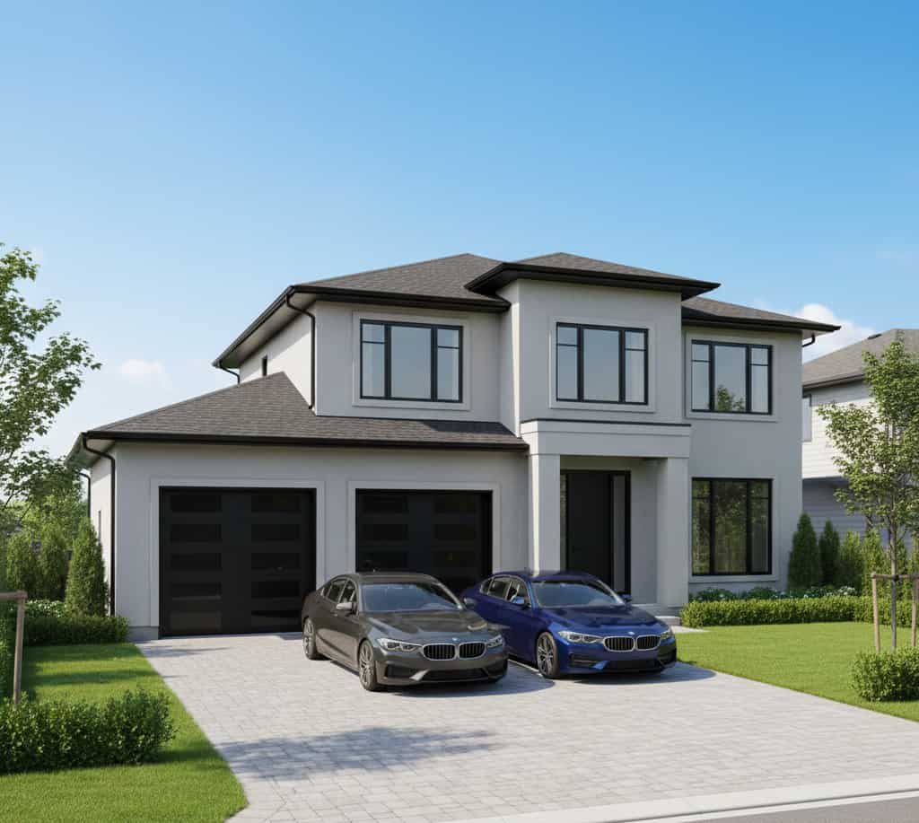 Garage double moderne avec deux portes sectionnelles installé dans un jardin résidentiel illustrant un projet de garage et les démarches d’urbanisme associées