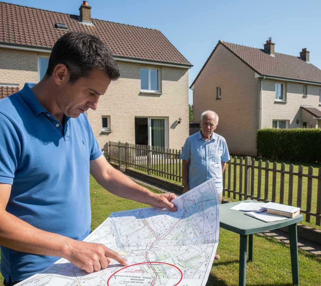 Propriétaires examinant un plan cadastral illustrant des servitudes légales de passage et d’écoulement sur leurs terrains