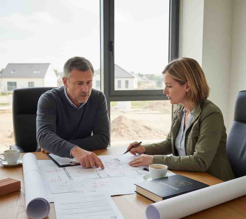 Voisin discutant avec un avocat urbaniste pour répondre à une opposition de permis de construire