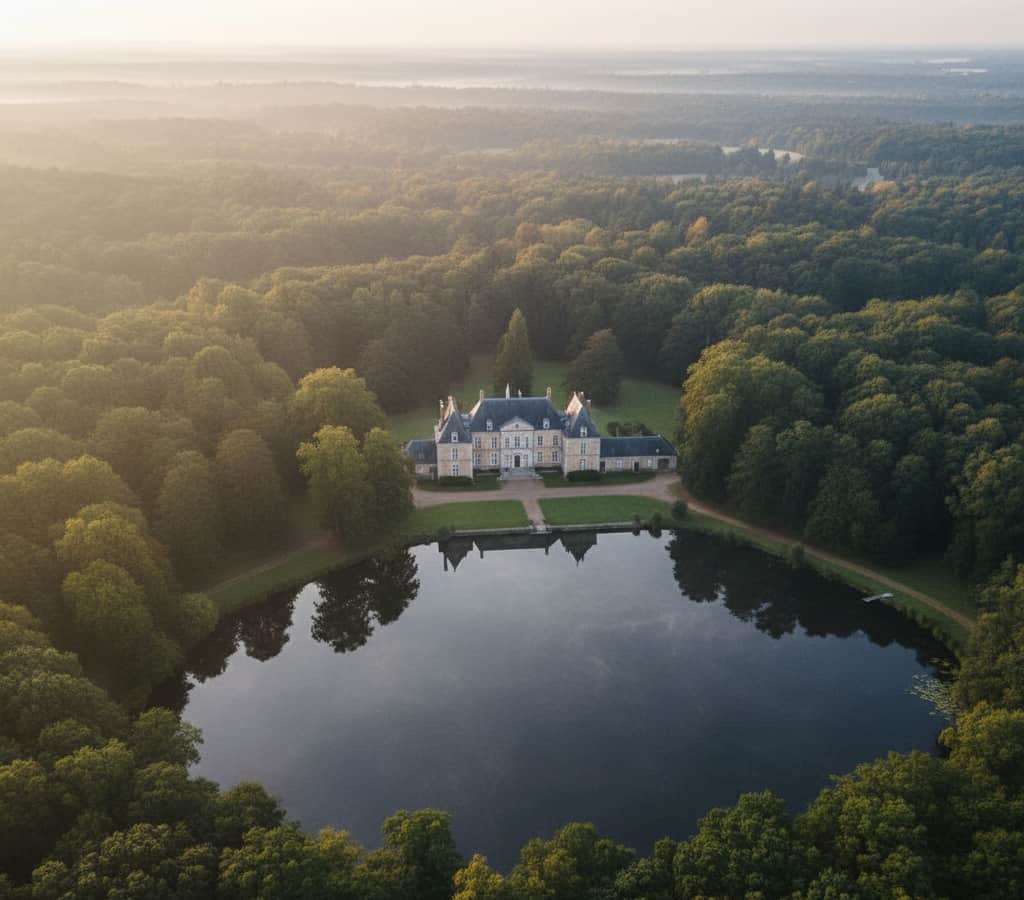 domaine la brûlerie douchy vue aérienne étang et forêt