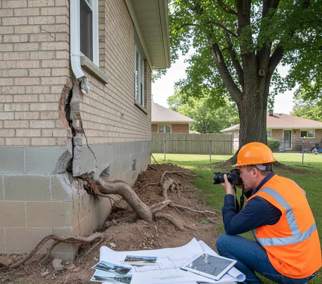 Fondations fissurées par des racines d’arbre du voisin avec expert examinant les dégâts et documents d’analyse