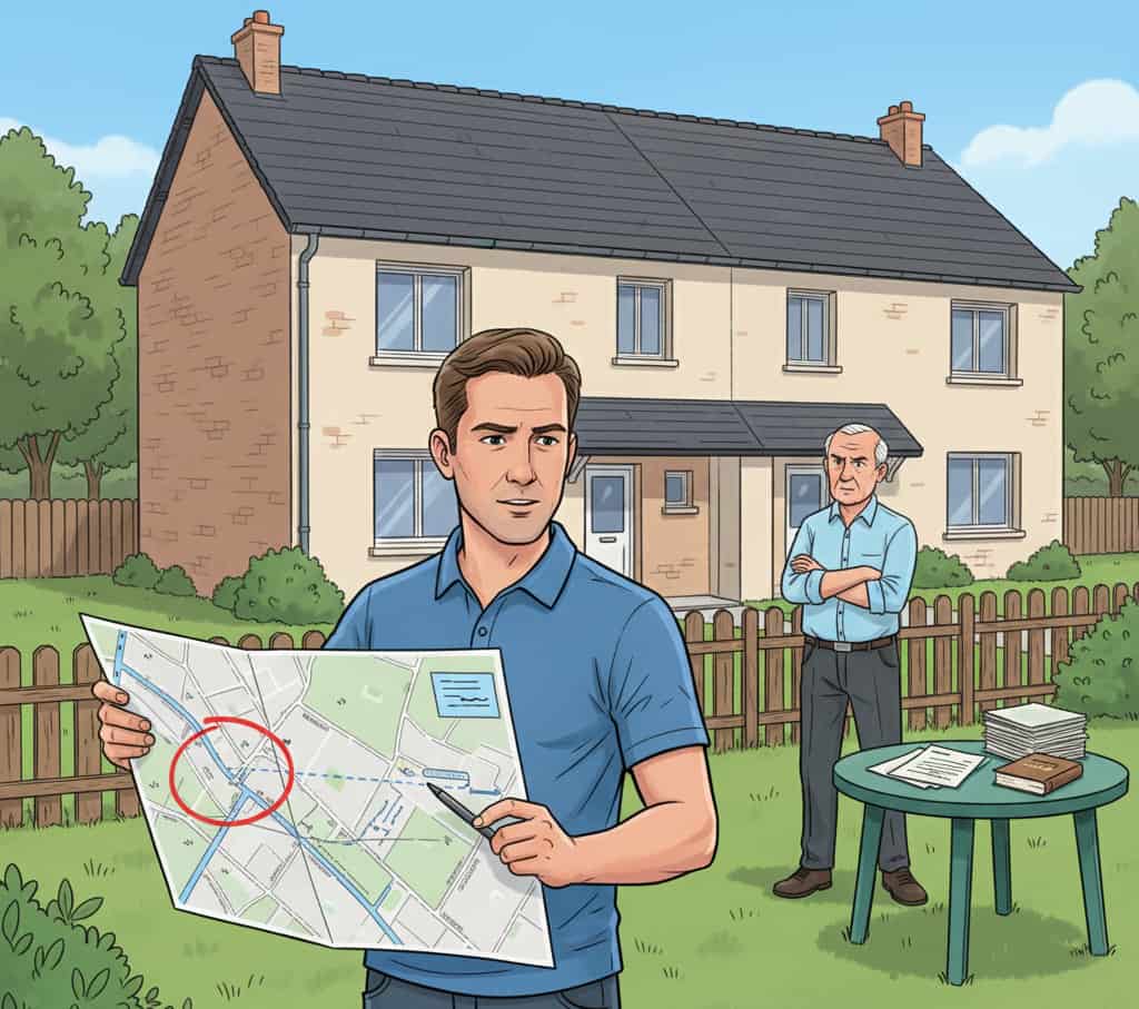 Propriétaires examinant un plan cadastral illustrant des servitudes légales de passage et d’écoulement sur leurs terrains