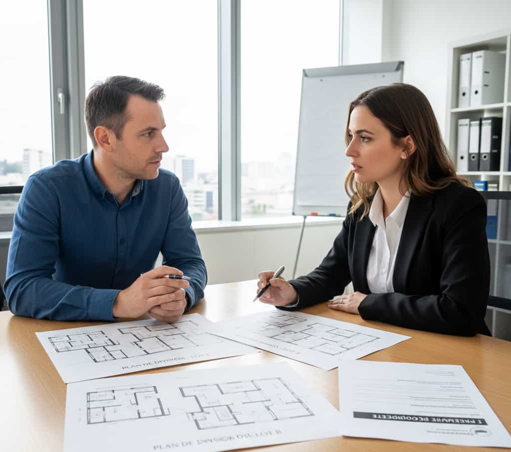 “Copropriétaire discutant avec le syndic de la division d’un appartement en deux lots en copropriété.”