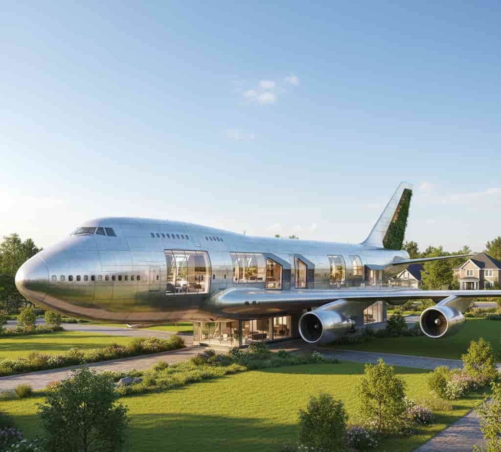 Maison individuelle en forme d’avion inspirée d’un Boeing 747 intégrée dans un paysage urbain