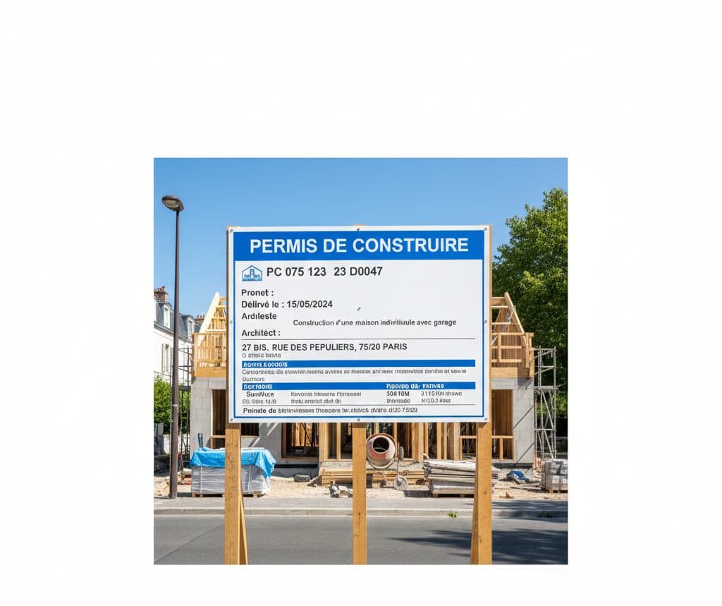 “Panneau de permis de construire affiché sur un chantier visible de la voie publique, conforme aux obligations d’urbanisme.