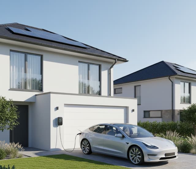 Borne de recharge électrique domestique installée sur le mur d’une maison avec voiture électrique en charge