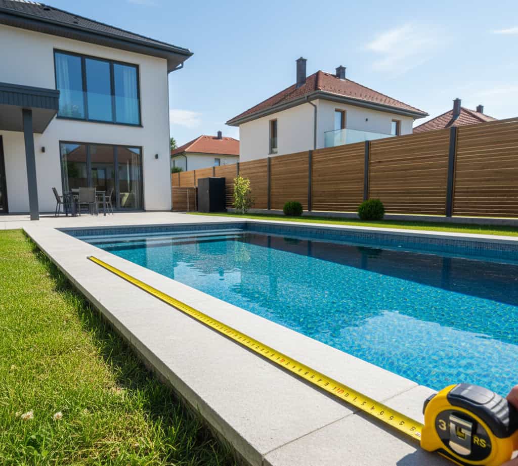 “Piscine enterrée dans un jardin avec mesure de la distance entre le bassin et la limite de propriété.”