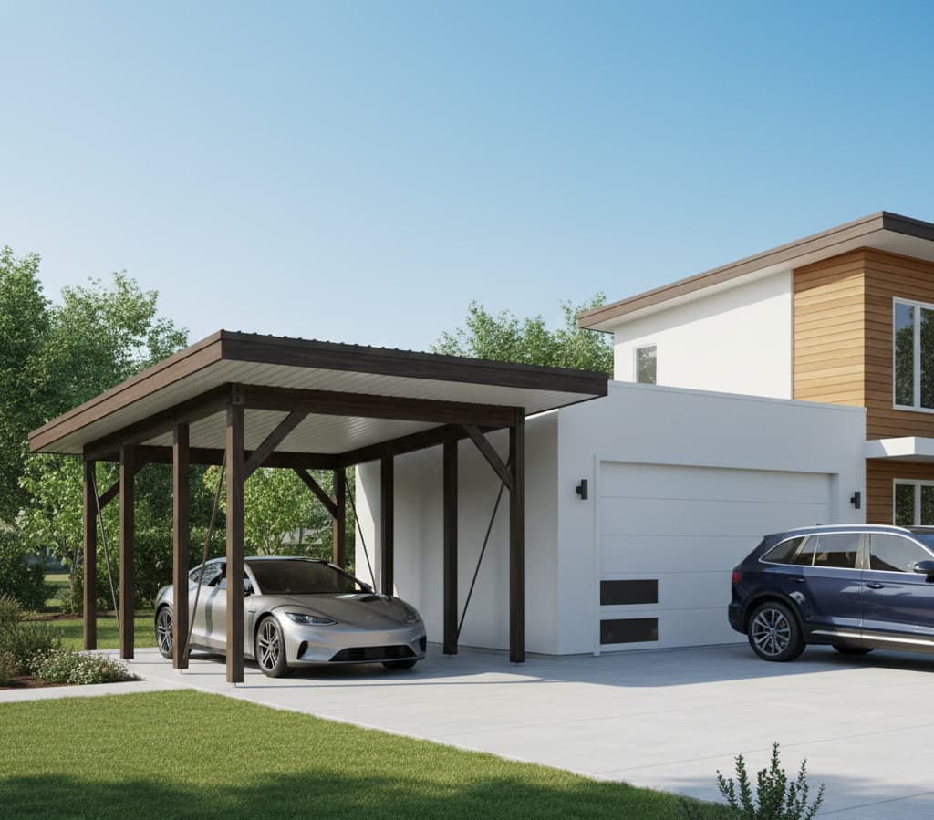 Vue extérieure comparant un carport ouvert et un garage fermé côte à côte devant une maison