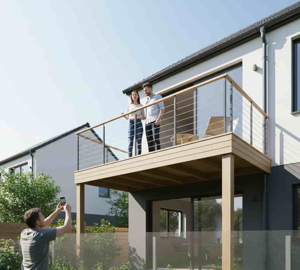 Terrasse surélevée avec vue plongeante sur le jardin et les fenêtres du voisin, situation potentielle de conflit de voisinage