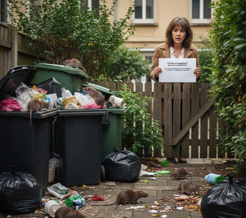 Jardin avec rats et déchets, voisin préparant une lettre recommandée pour demander la dératisation
