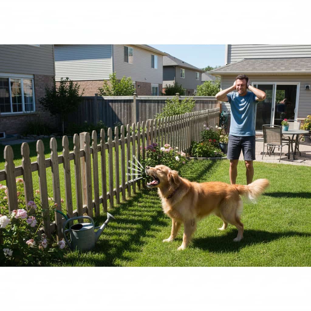 Chien du voisin qui aboie dans un jardin résidentiel avec voisin dérangé et expression de nuisance sonore