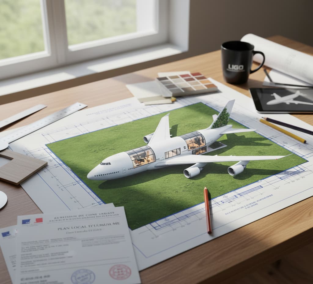 Dossier de permis de construire avec plans et photomontage d’une maison en forme d’avion sur un bureau d’architecte