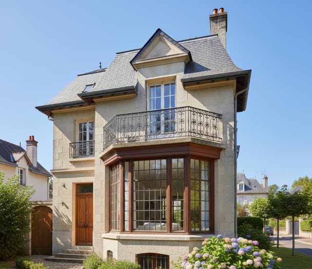 Vue extérieure d’une maison avec un bow-window en saillie modifiant la façade
