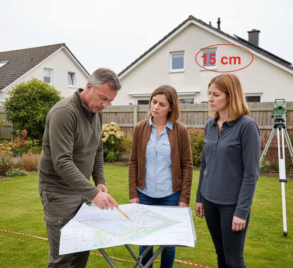 Expert géomètre et voisins mesurant et discutant un empiétement de terrain pour évaluer l’extension illégale