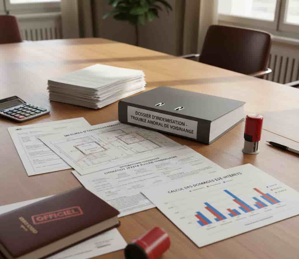 Dossier d’indemnisation pour trouble anormal de voisinage avec constats d’huissier, plans et estimations de préjudices immobiliers