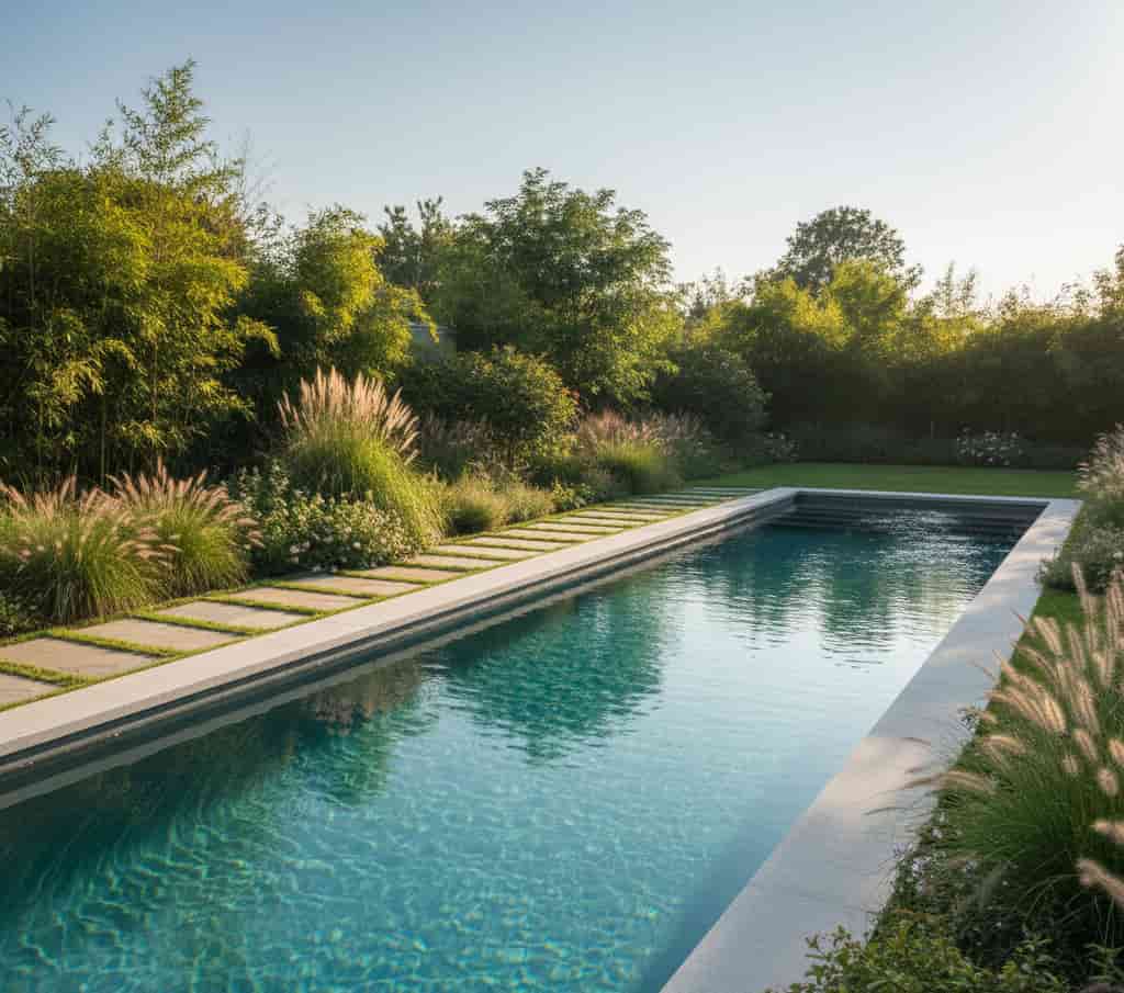 Couloir de nage extérieur rectangulaire dans un jardin résidentiel illustrant projet de piscine et autorisations d’urbanisme