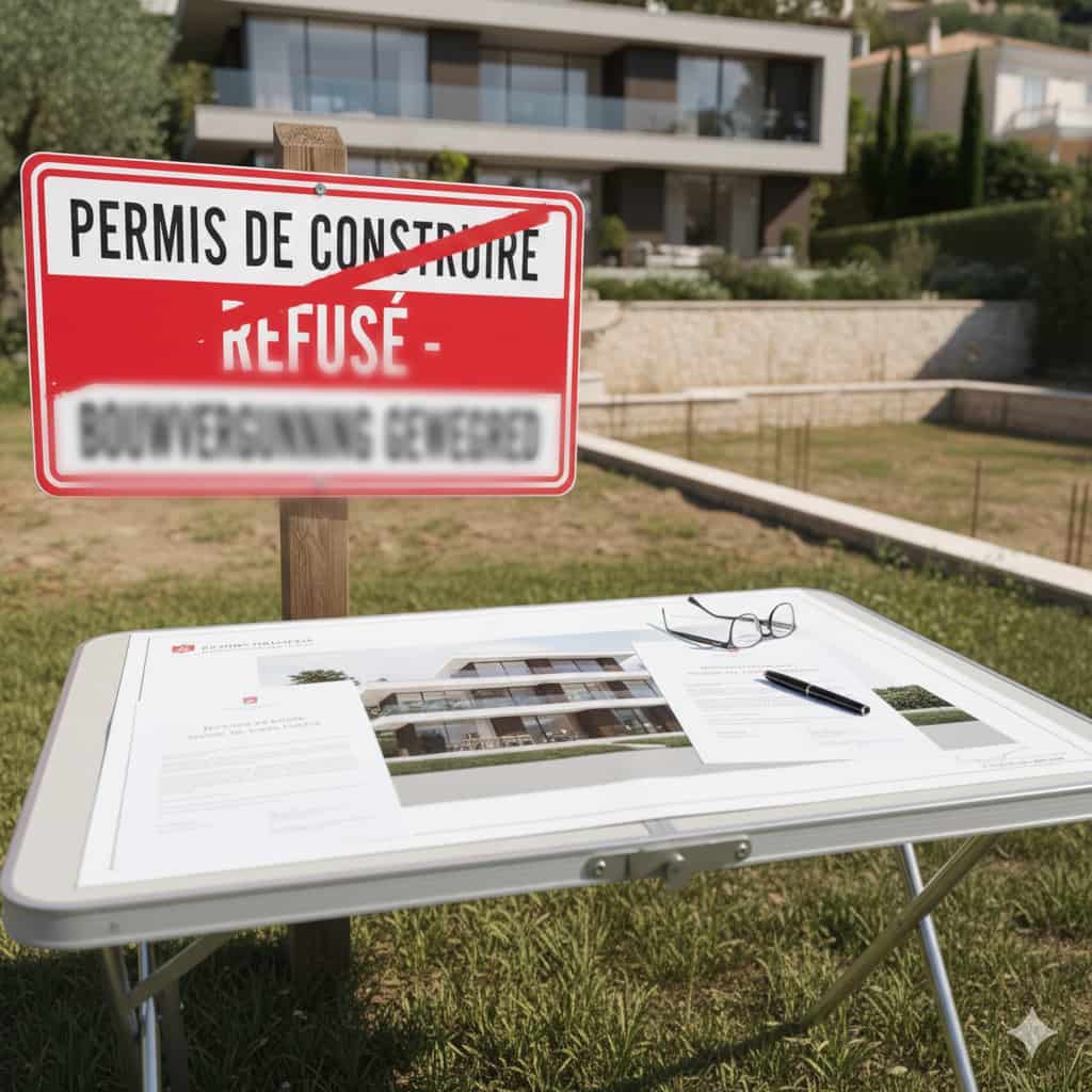 Plans et documents devant un panneau de permis de construire refusé, symbolisant la contestation d’une autorisation d’urbanisme