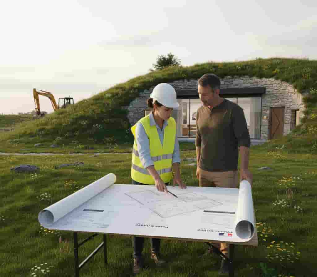Architecte et propriétaire préparant un permis de construire pour une maison troglodyte moderne