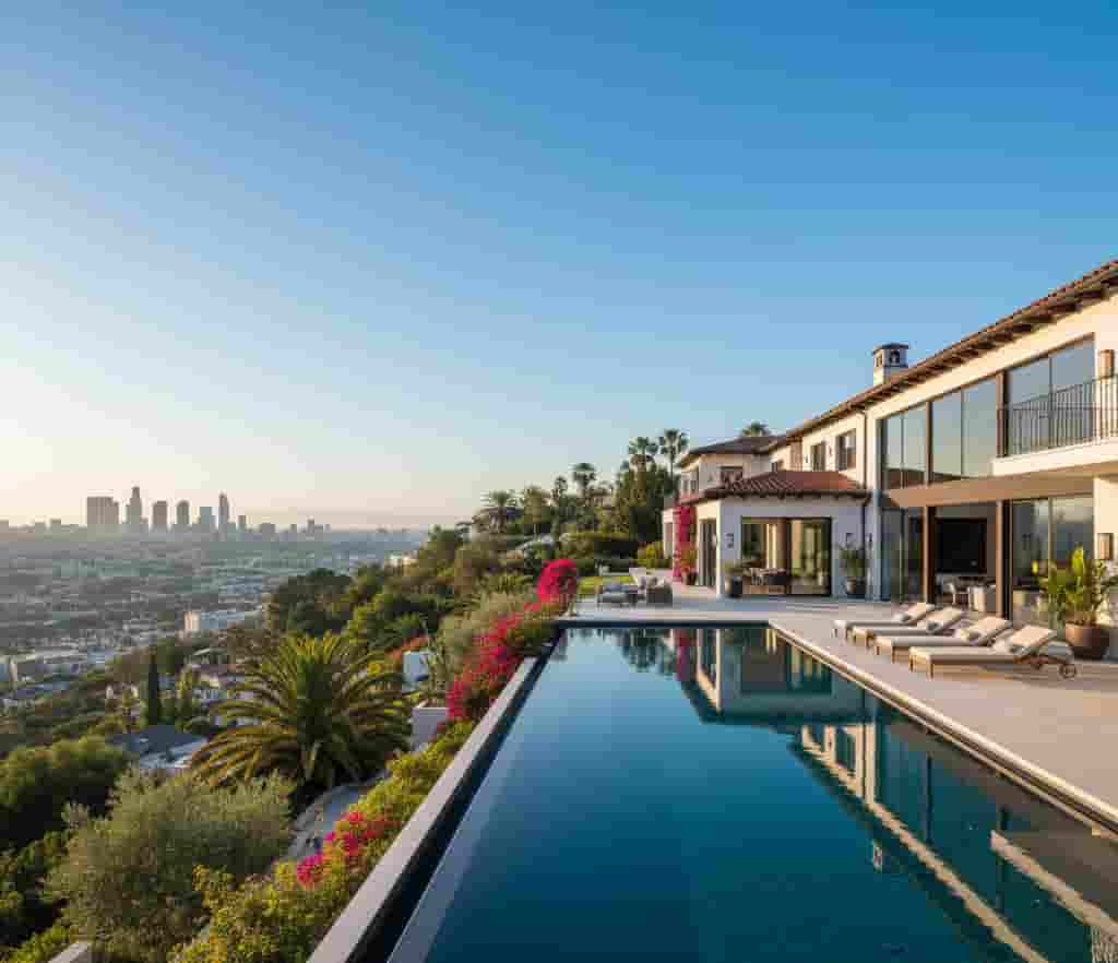 Villa de luxe californienne avec piscine à débordement et vue panoramique sur Los Angeles