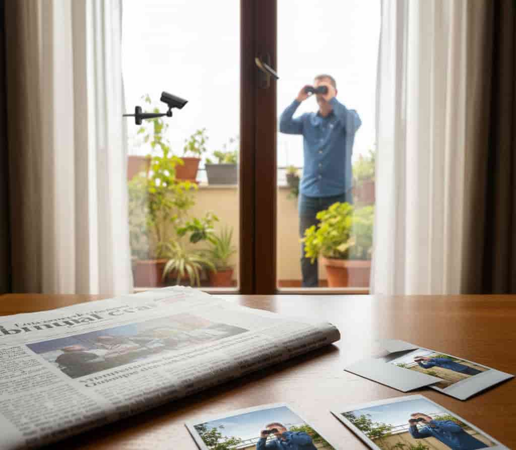 Voisin installant une caméra ou regardant avec des jumelles vers la propriété d’à côté, preuves photographiques datées visibles 