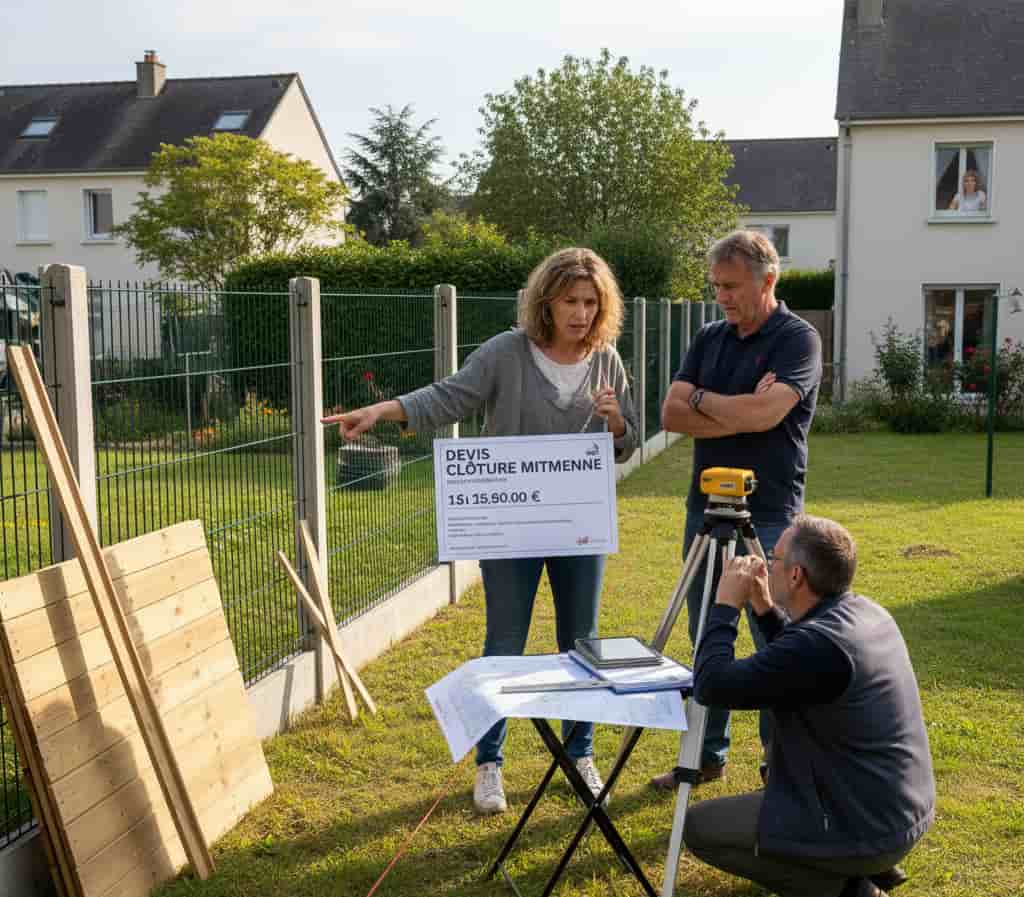 Clôture mitoyenne en construction avec voisins discutant du partage des frais, géomètre mesurant la limite séparative et devis visible