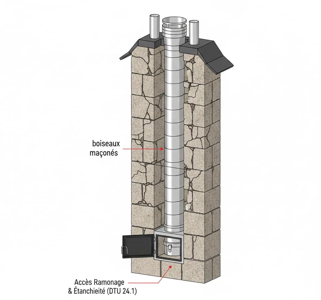 coupe tubage conduit cheminée maçonné DTU 24.1