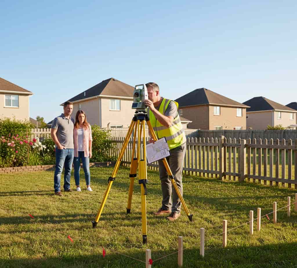 Géomètre expert réalisant un bornage contradictoire entre voisins pour vérifier l’empiètement de clôture