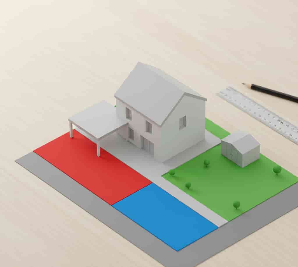 Schéma explicatif de l’emprise au sol d’une construction avec zones projetées sur le terrain pour compréhension déclaration préalable