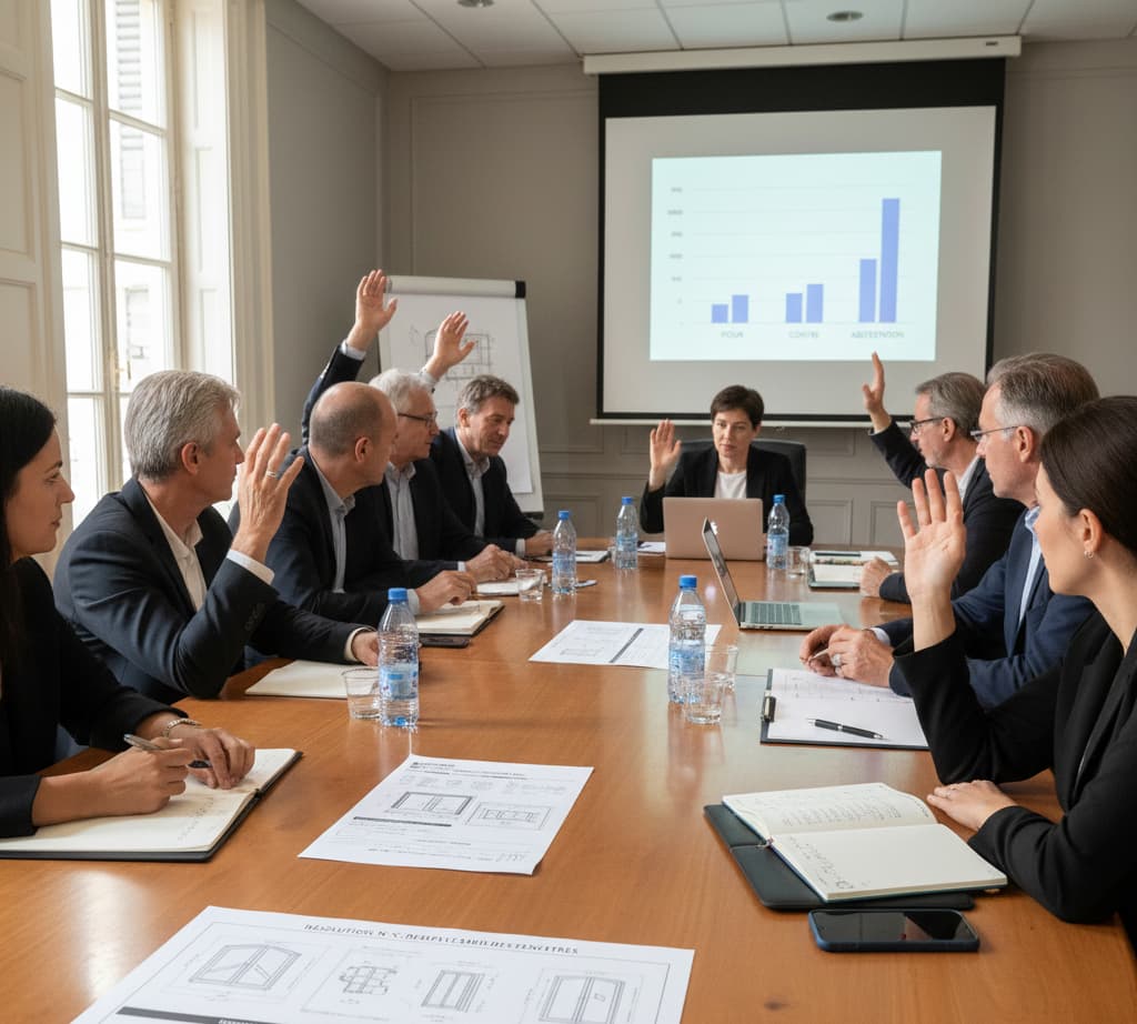 Assemblée générale de copropriétaires votant l’autorisation pour changer des fenêtres en copropriété.