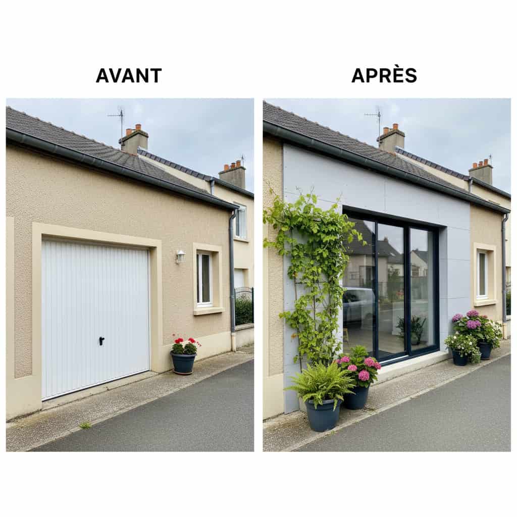 Transformation d’un garage en pièce habitable avec remplacement de la porte par une baie vitrée