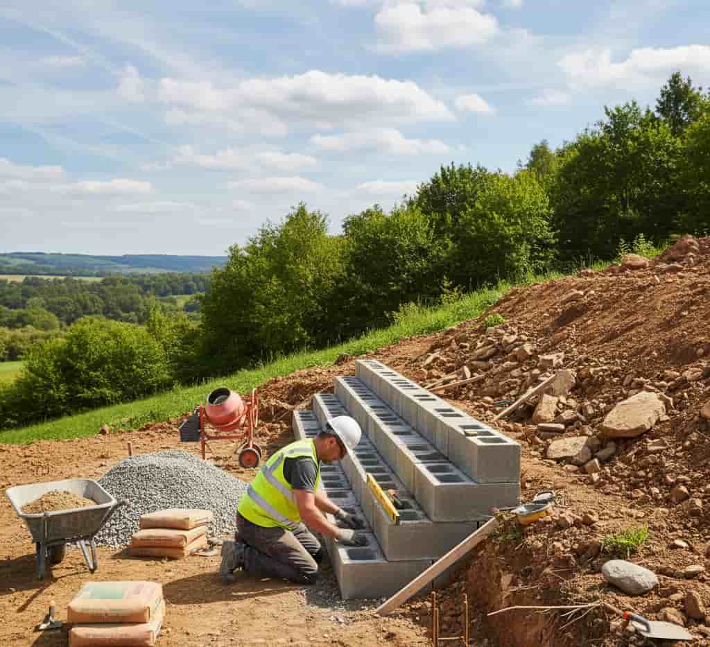 Ouvrier posant un mur de soutènement sur un terrain en pente."