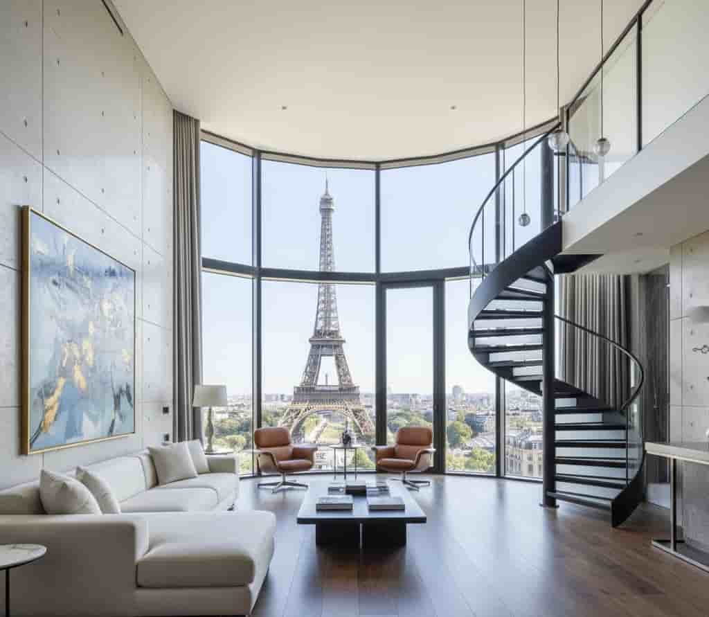 Intérieur d’un duplex parisien de prestige avec vue sur la Tour Eiffel