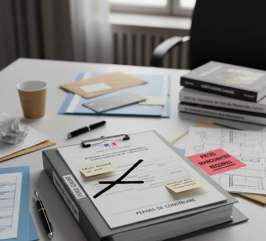 Dossier de permis de construire avec demande de pièces manquantes et prolongation du délai d’instruction.
