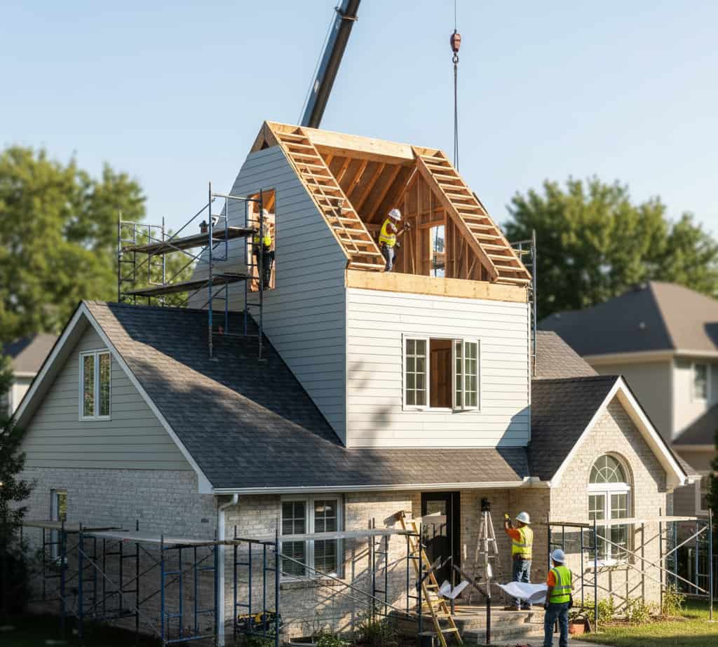 Maison individuelle en chantier de surélévation partielle avec nouvelle structure au-dessus du toit